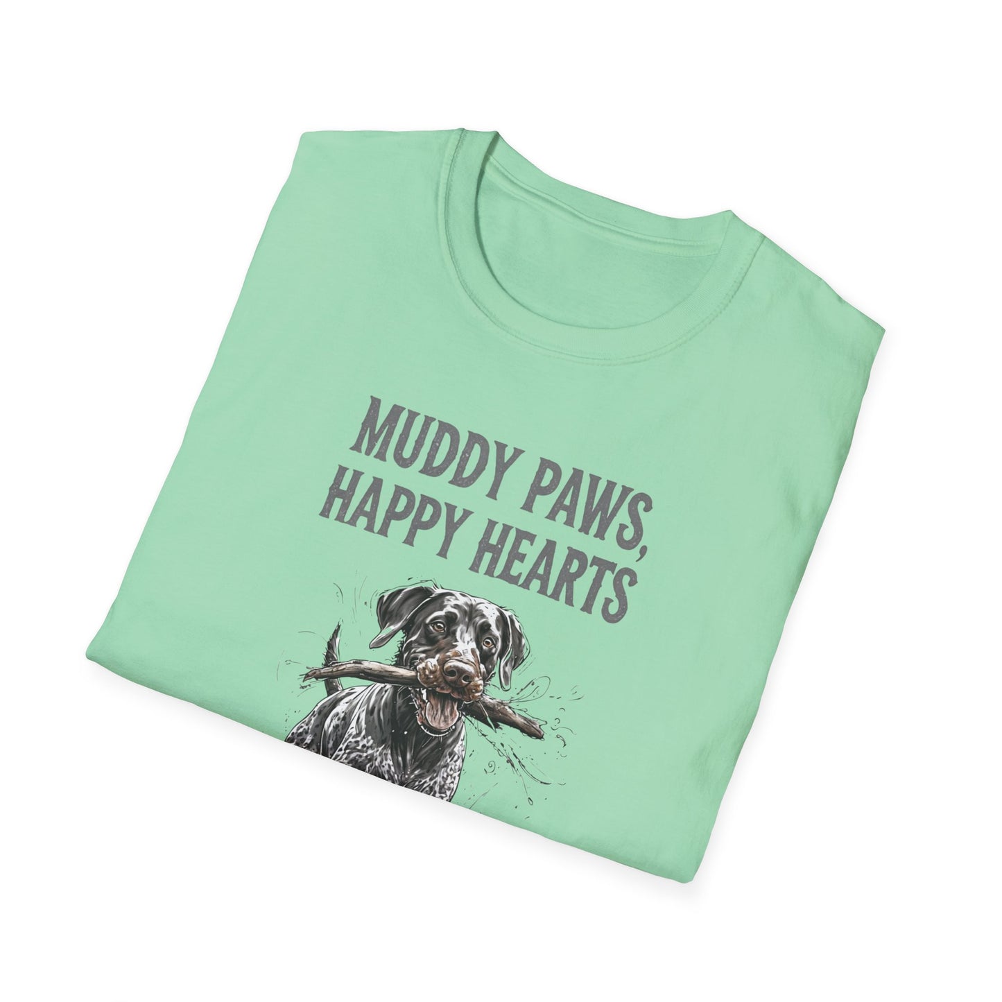 T-shirt for Dog lovers Muddy Paws, Happy Hearts Unisex Softstyle T-Shirt – Perfect for Dog Lovers
