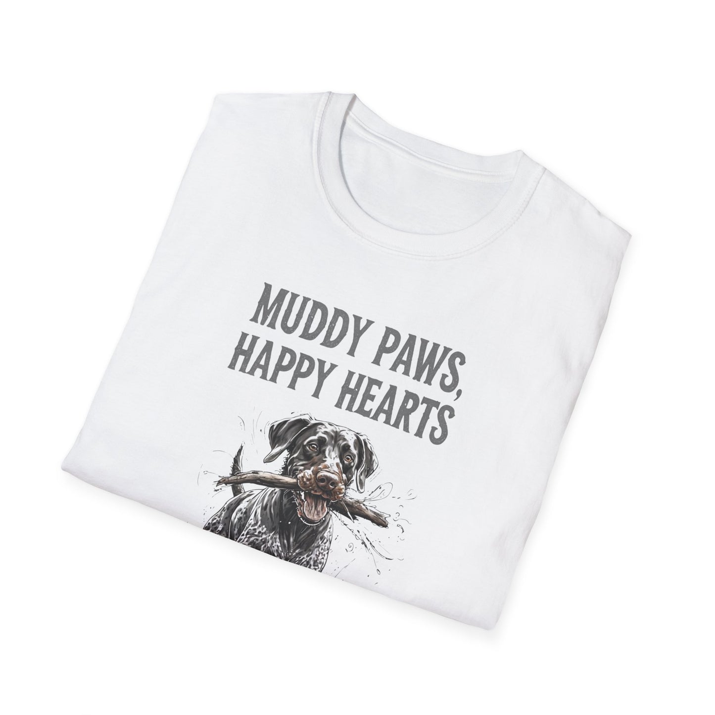 T-shirt for Dog lovers Muddy Paws, Happy Hearts Unisex Softstyle T-Shirt – Perfect for Dog Lovers