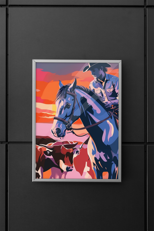 Colorful Cowboy and Horse Matte Vertical Poster - Western Art Decor